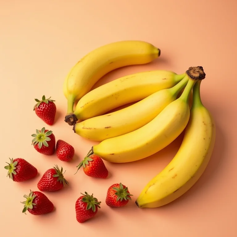 Bananas e morangos frescos em composição minimalista