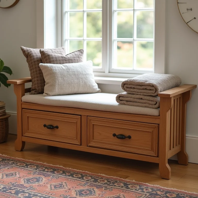 Banco de madeira multifuncional para quarto rústico.