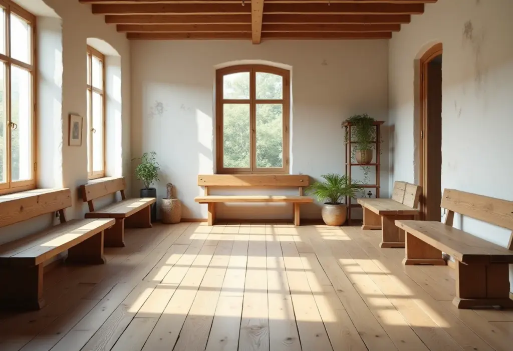 Bancos de madeira rústicos em uma sala iluminada pelo sol.