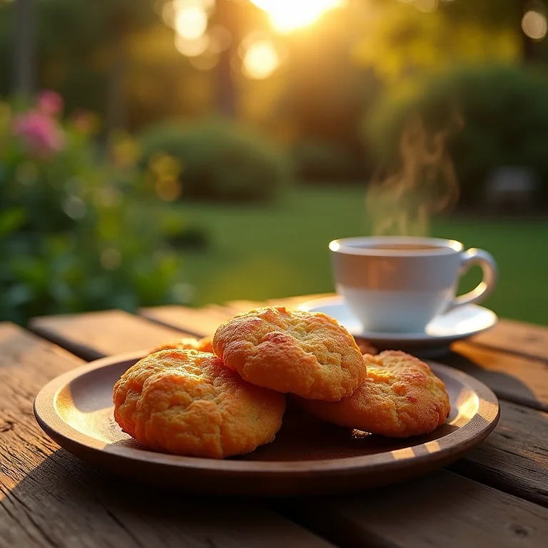 Biscoitões de roça servidos em uma travessa de madeira com café, com um jardim rústico ao fundo.