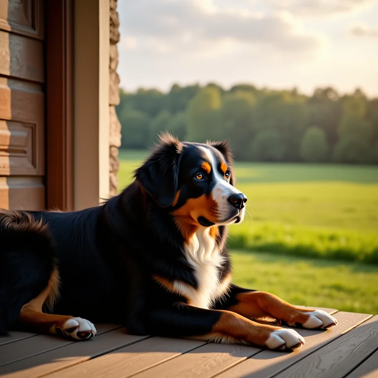 Boiadeiro de Berna descansando na varanda de uma casa de fazenda