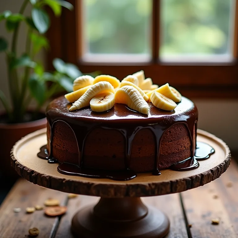Bolo de casca de banana com cobertura de chocolate.