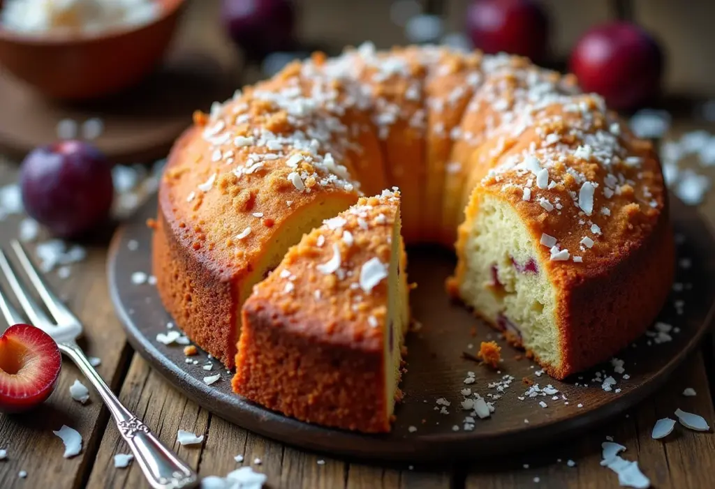 Bolo de coco com ameixa caseiro em mesa de madeira rústica