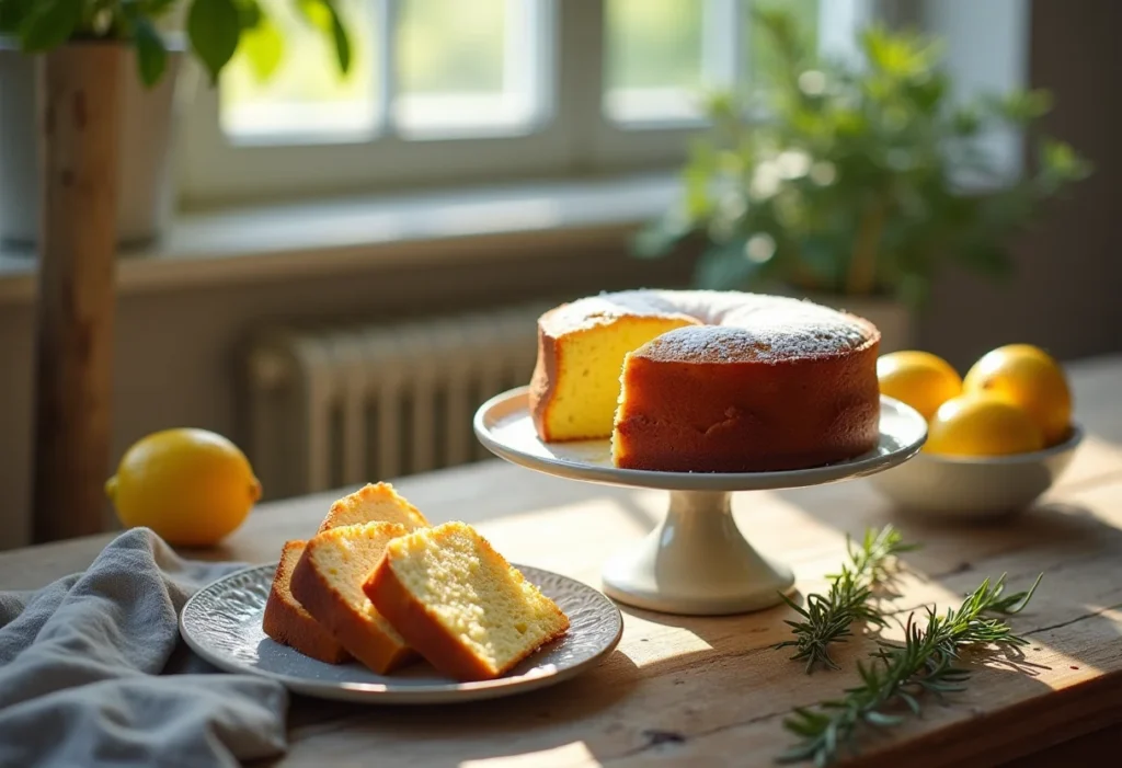 Bolo de Iogurte com Limão fofinho em mesa rústica
