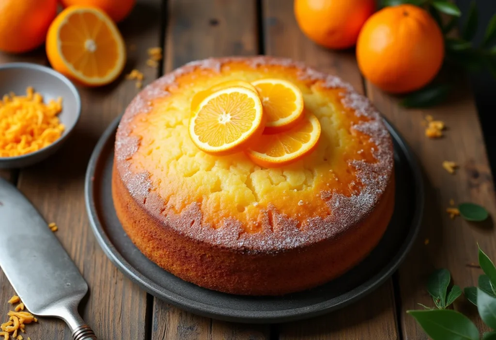 Bolo de laranja fofinho com laranjas frescas e utensílios vintage