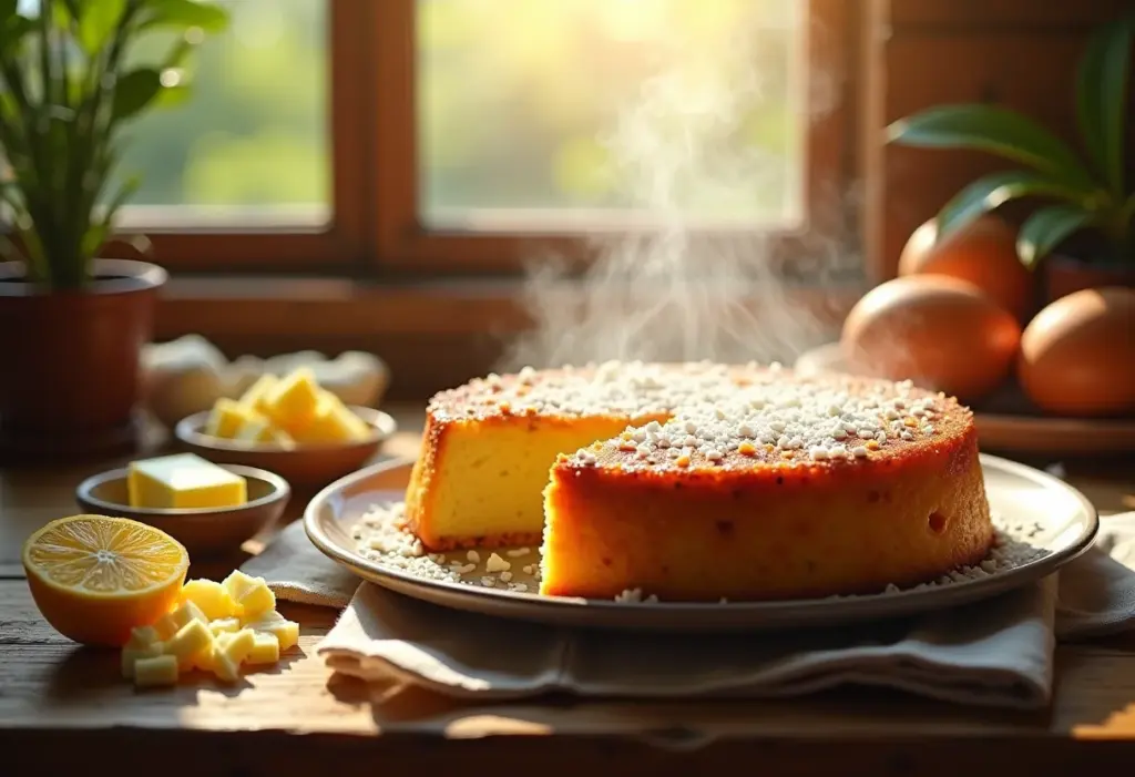 Bolo de mandioca com coco caseiro em mesa rústica