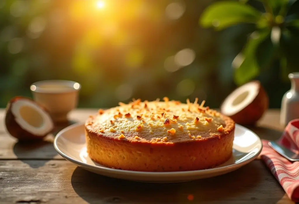Bolo de Mandioca com Coco caseiro em mesa rústica.