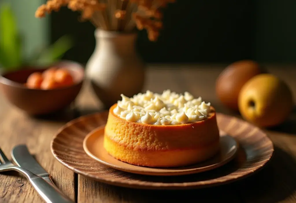 Bolo de Mandioca com Coco: O segredo da receita cremosa e fofinha Bolo de Mandioca com Coco recém-assado em mesa rústica