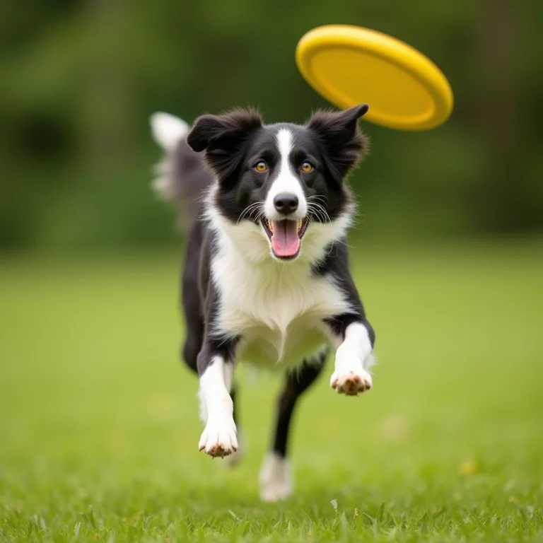 Border Collie pulando para pegar frisbee em campo verde.