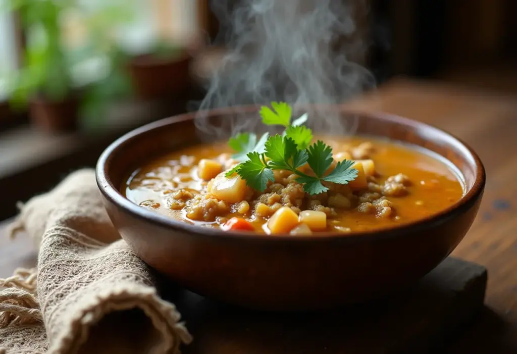 Buchada de Bode fumegante em tigela rústica.