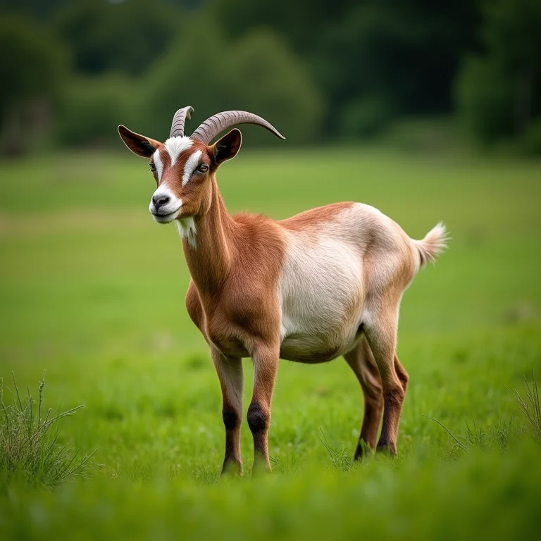 Cabra da raça Alpina em pastagem verde.