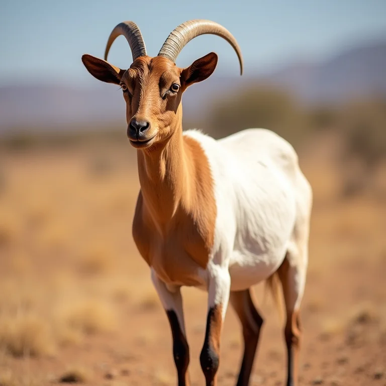 Cabra da raça Boer com cabeça vermelha e corpo branco.