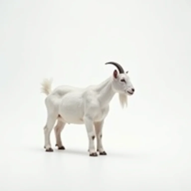 Cabra da raça Saanen com pelagem branca e orelhas eretas.