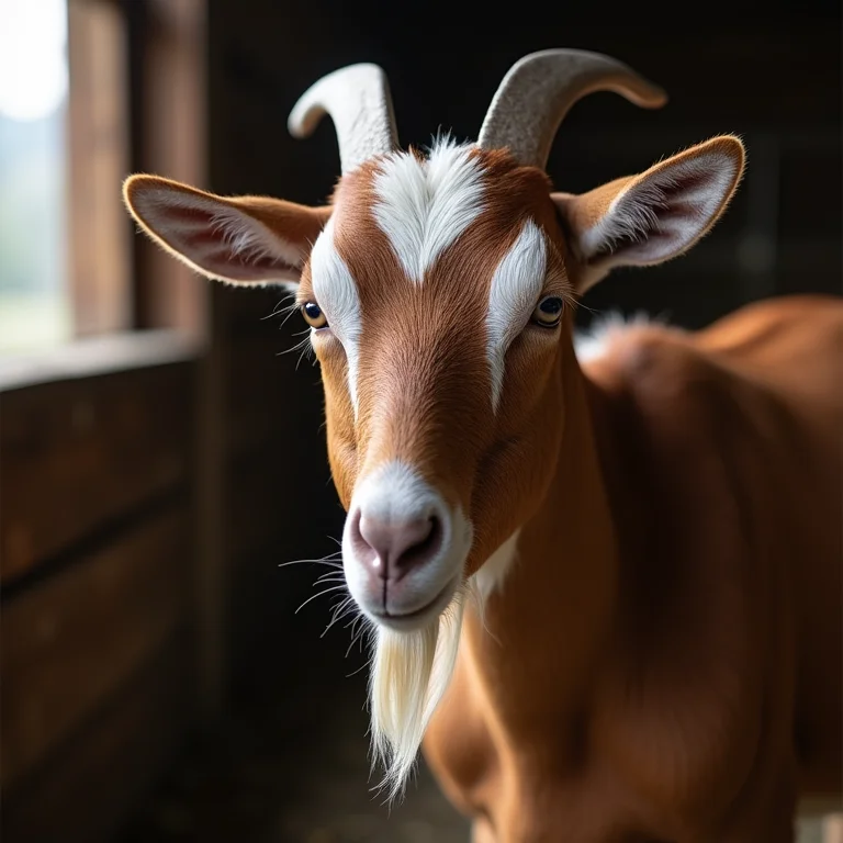 Cabra da raça Toggenburg com listras faciais brancas.