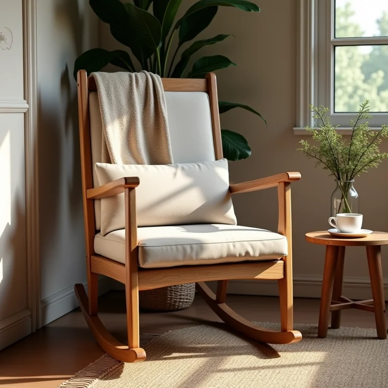 Cadeira de balanço de madeira confortável com almofada
