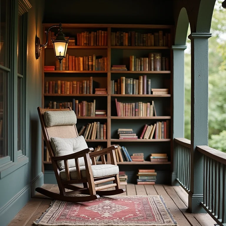 Cadeira de balanço rústica em canto de leitura aconchegante.