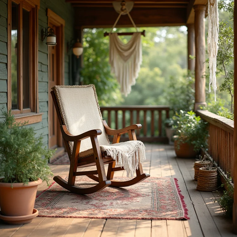 Cadeira de balanço rústica em varanda com estilo boho.