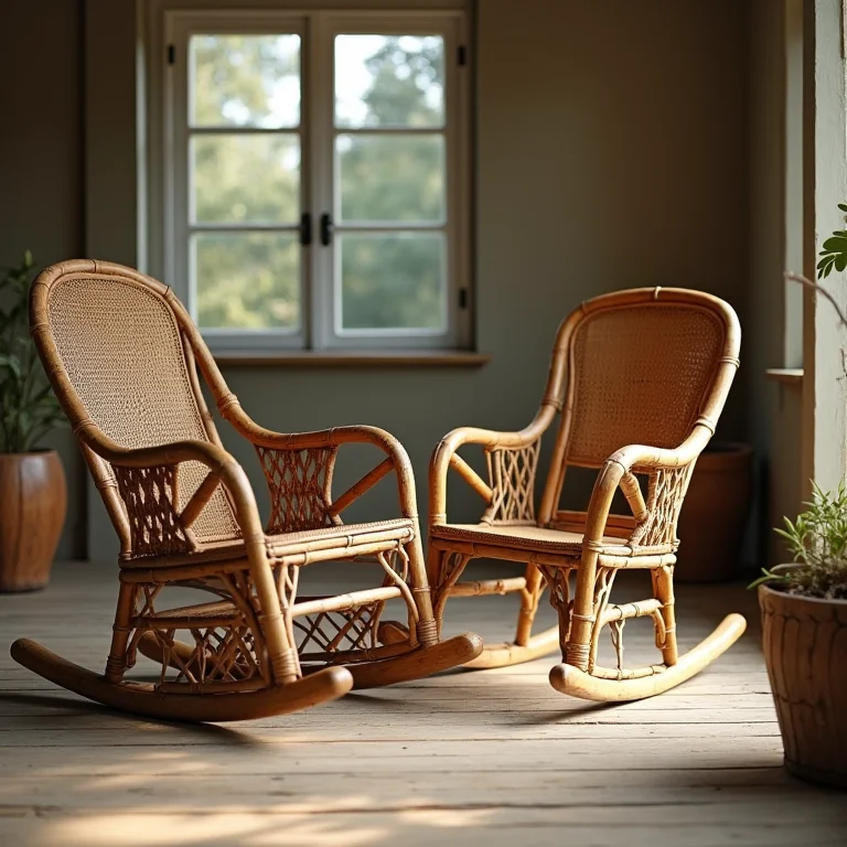 Cadeiras de balanço rústicas feitas de vime e bambu.