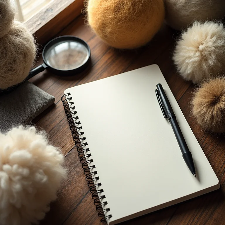 Caderno, caneta e amostras de lã em composição.