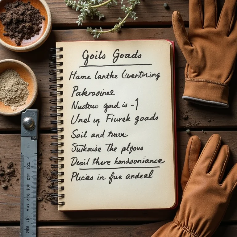 Caderno de anotações com informações sobre raças de cabras, luva de couro e amostras de solo.