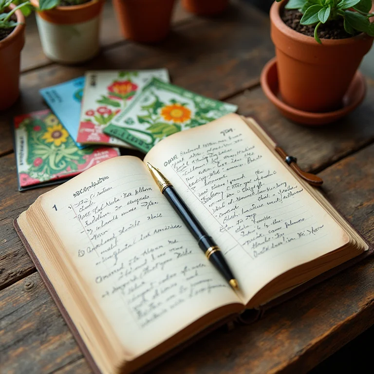 Caderno de jardinagem aberto com anotações e sementes.