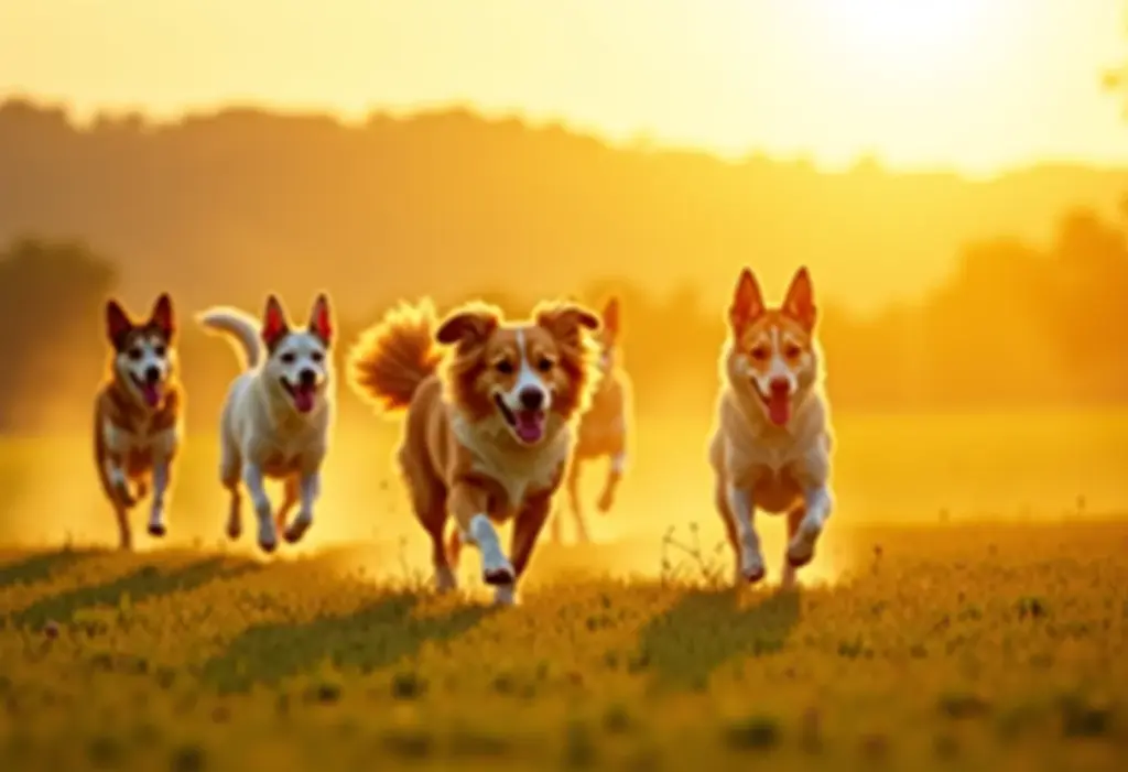 Cães correndo felizes em uma fazenda brasileira ao pôr do sol