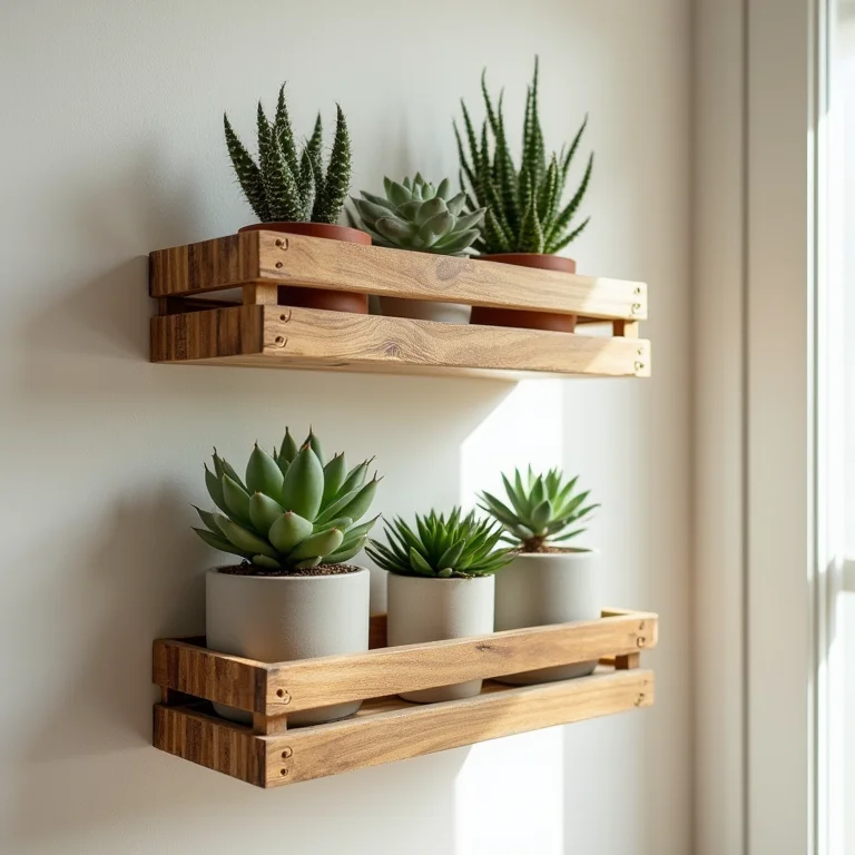 Caixotes de feira reutilizados como nichos com plantas e cerâmicas