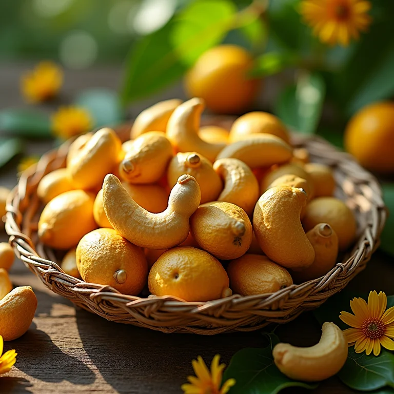 Caju fresco em cesto de palha.