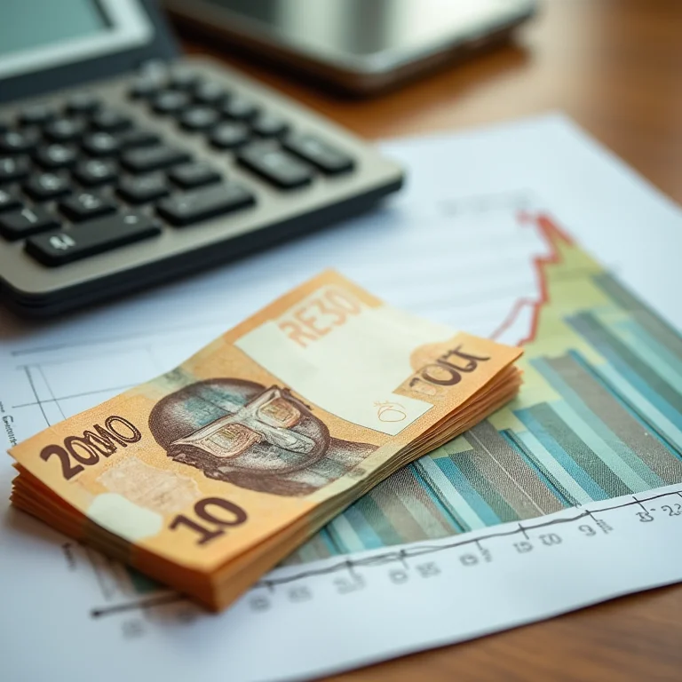 Calculadora, dinheiro e gráfico de crescimento financeiro