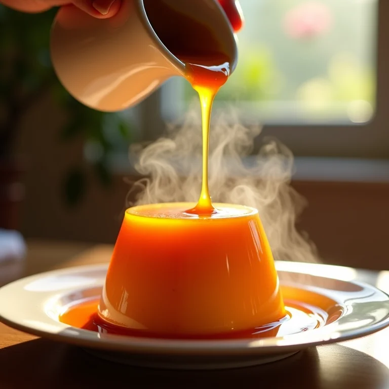 Calda de caramelo sendo adicionada ao pudim de mamão