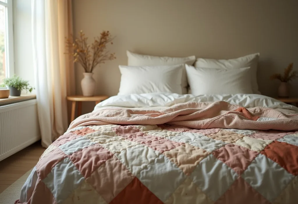Cama aconchegante com colcha de retalhos em quarto minimalista