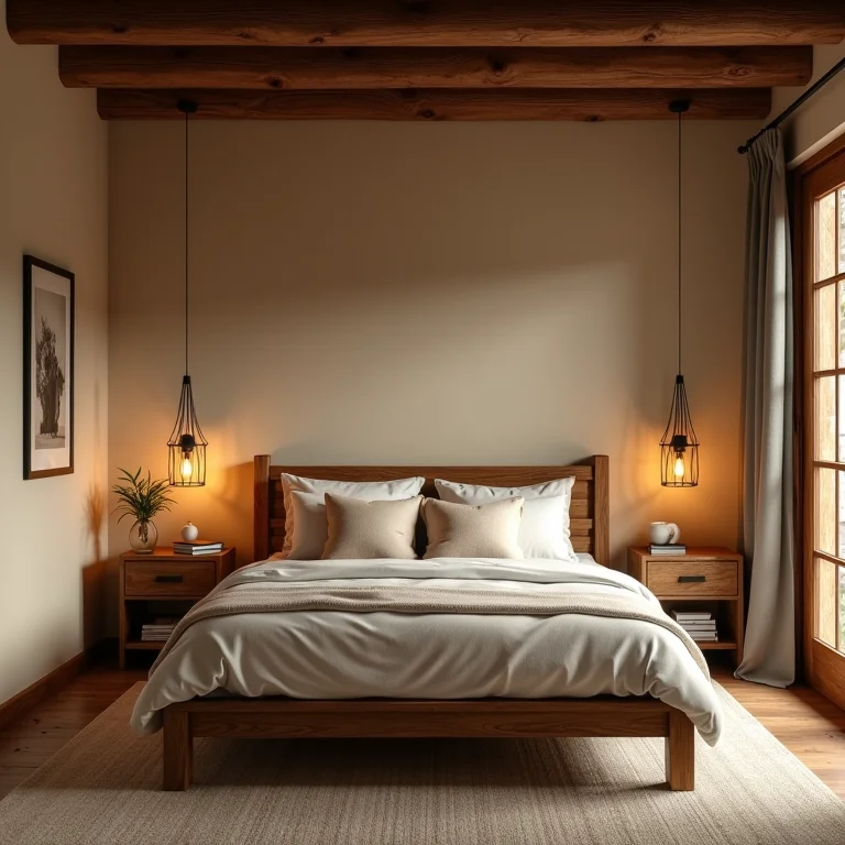 Cama de madeira rústica em quarto aconchegante.