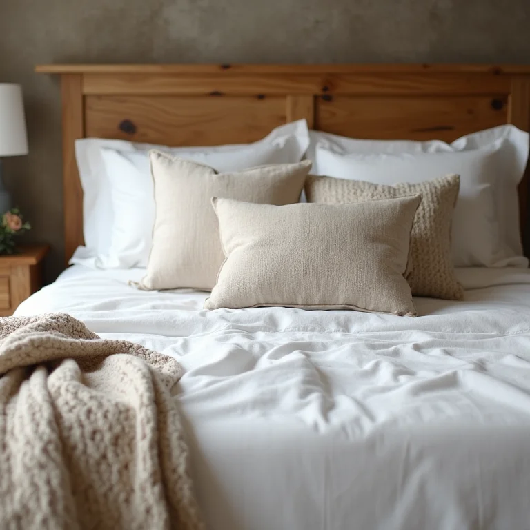 Cama protagonista em quarto rústico pequeno.