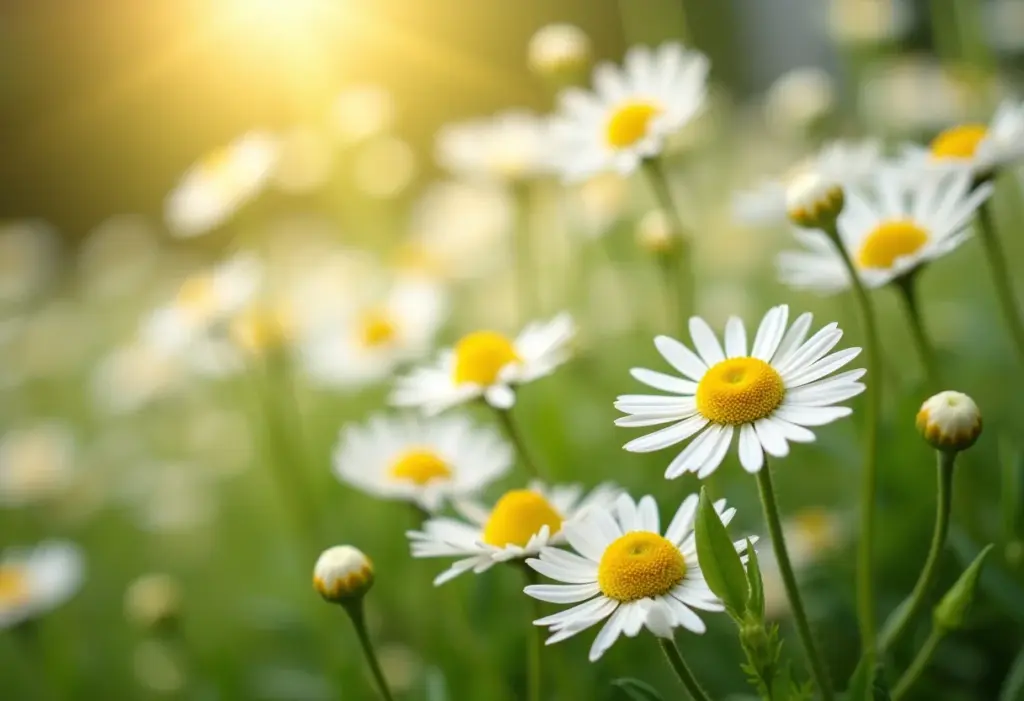 Campo de camomila florescendo sob a luz do sol