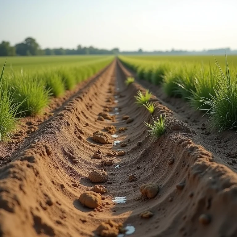 Campo devastado por coelhos, mostrando plantações danificadas.