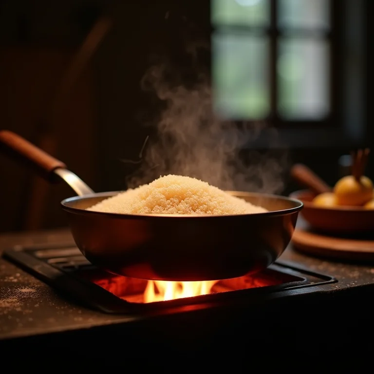 Caramelização do açúcar em panela de cobre.