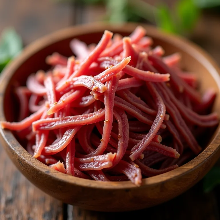 Carne seca desfiada no ponto ideal para a paçoca, com textura levemente crocante.