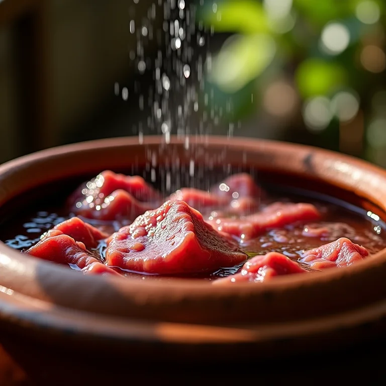 Carne seca sendo dessalgada em uma panela de barro com água fresca.