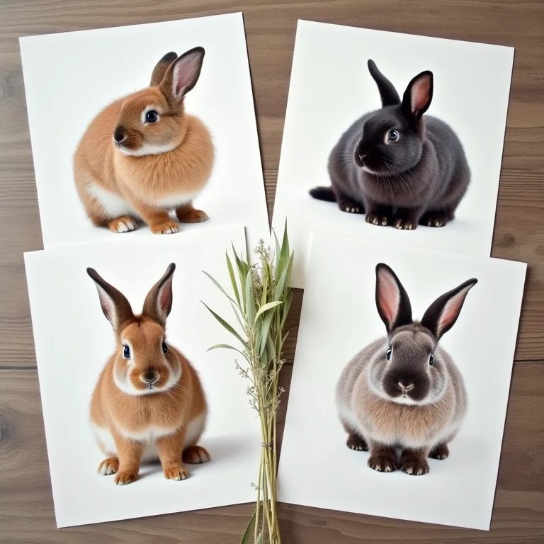 Cartões ilustrando diferentes raças de coelhos.