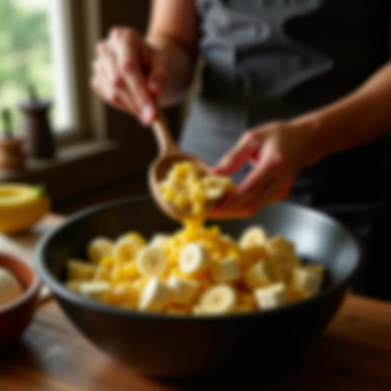 Cascas de banana sendo adicionadas à massa do bolo