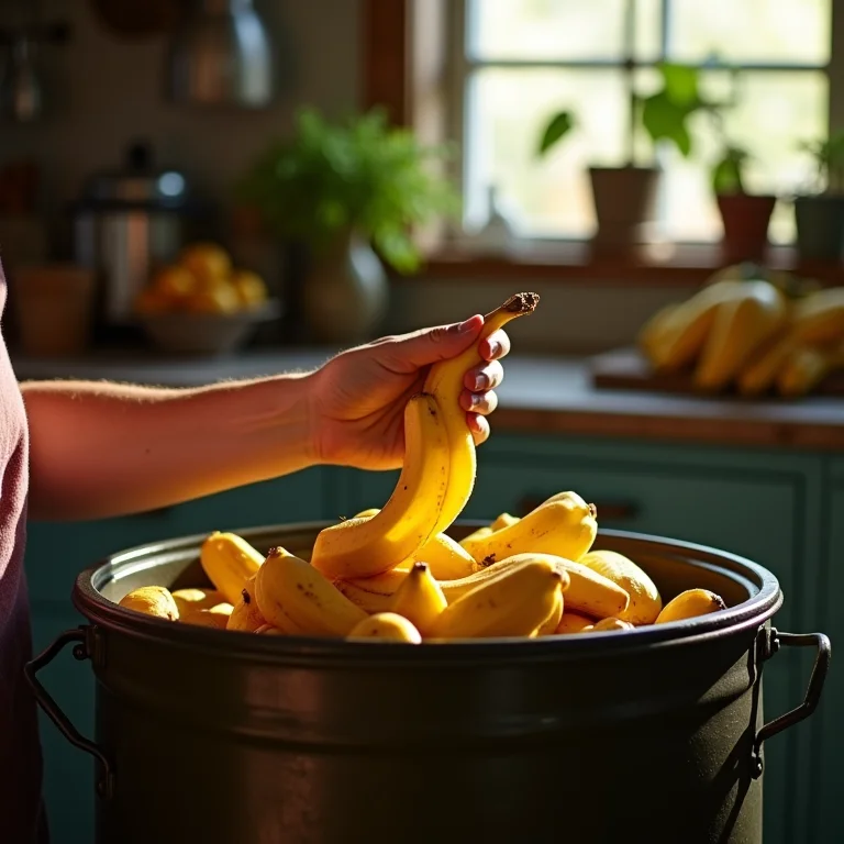Cascas de banana sendo adicionadas a uma composteira.
