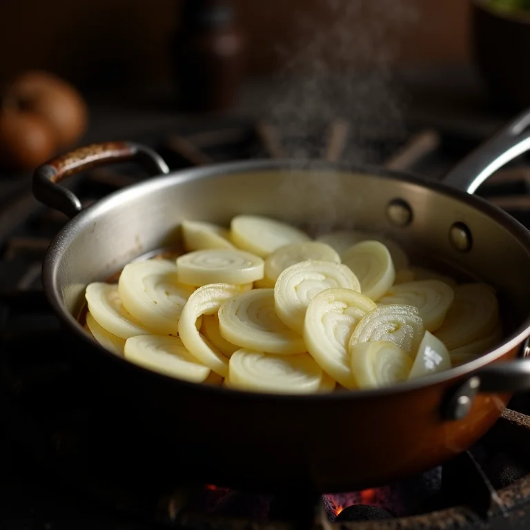 Cebolas fatiadas sendo fervidas para fazer chá.