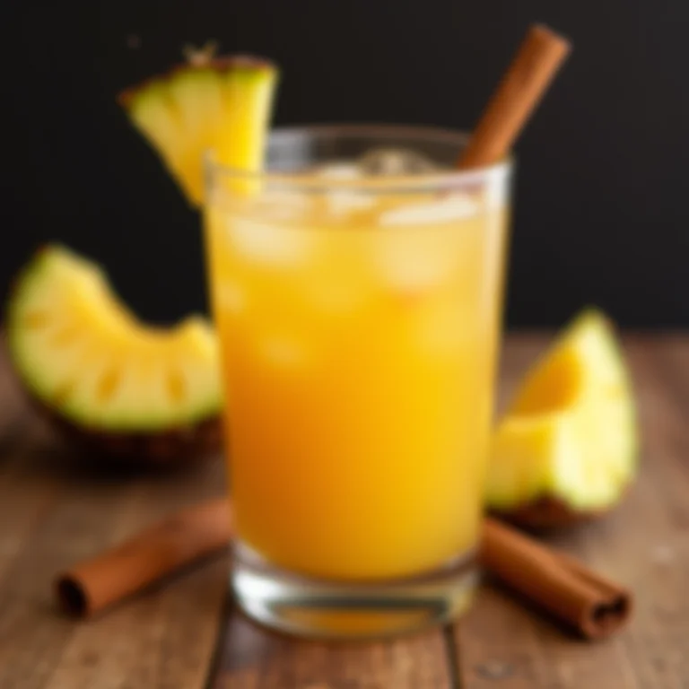 Chá de abacaxi com coco e canela em um copo.
