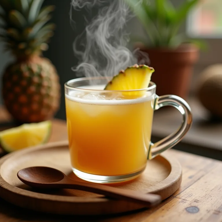 Chá de abacaxi com coco e gengibre fumegante.
