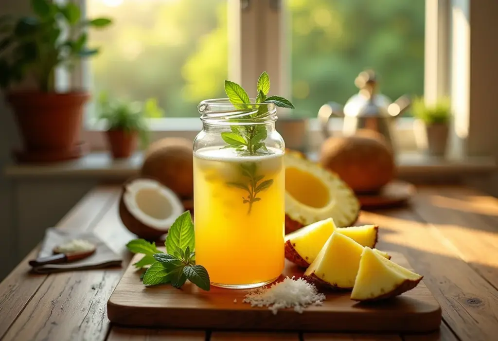 Chá de abacaxi com coco servido em mesa rústica