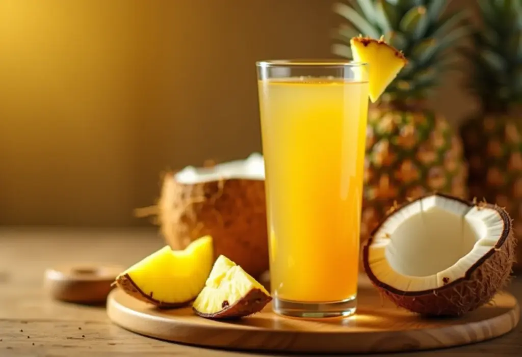 Chá de abacaxi com coco servido em mesa rústica.