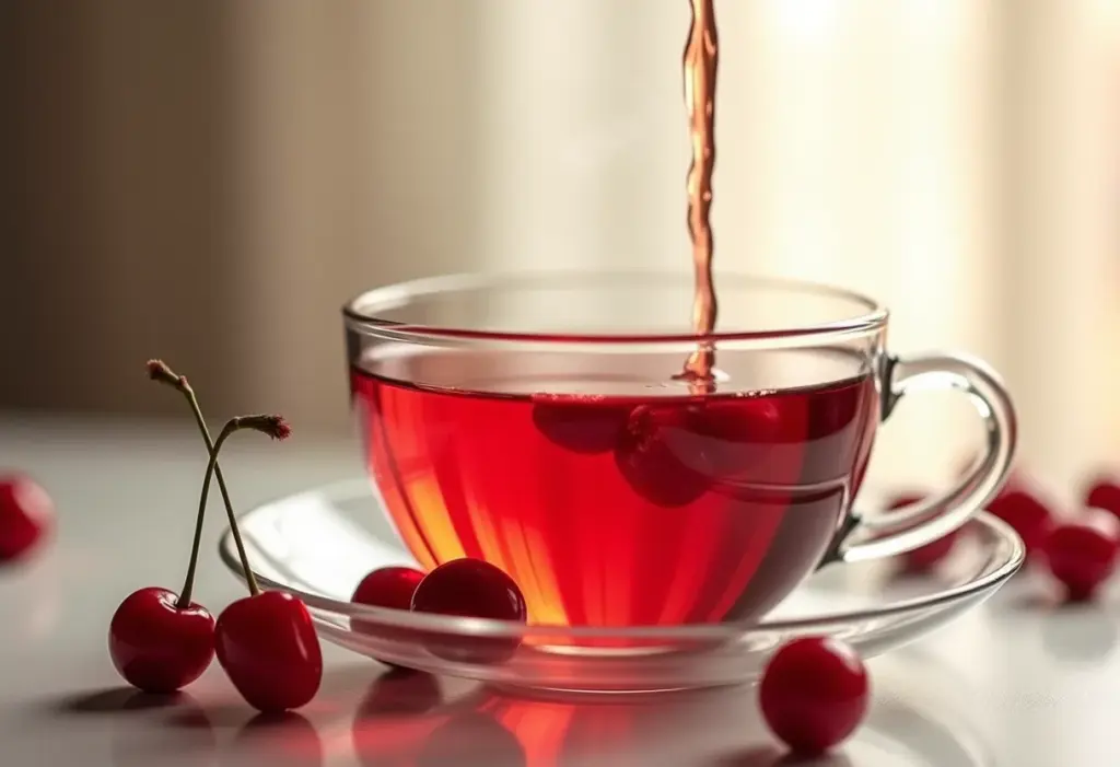 Chá de acerola sendo servido em xícara de vidro.