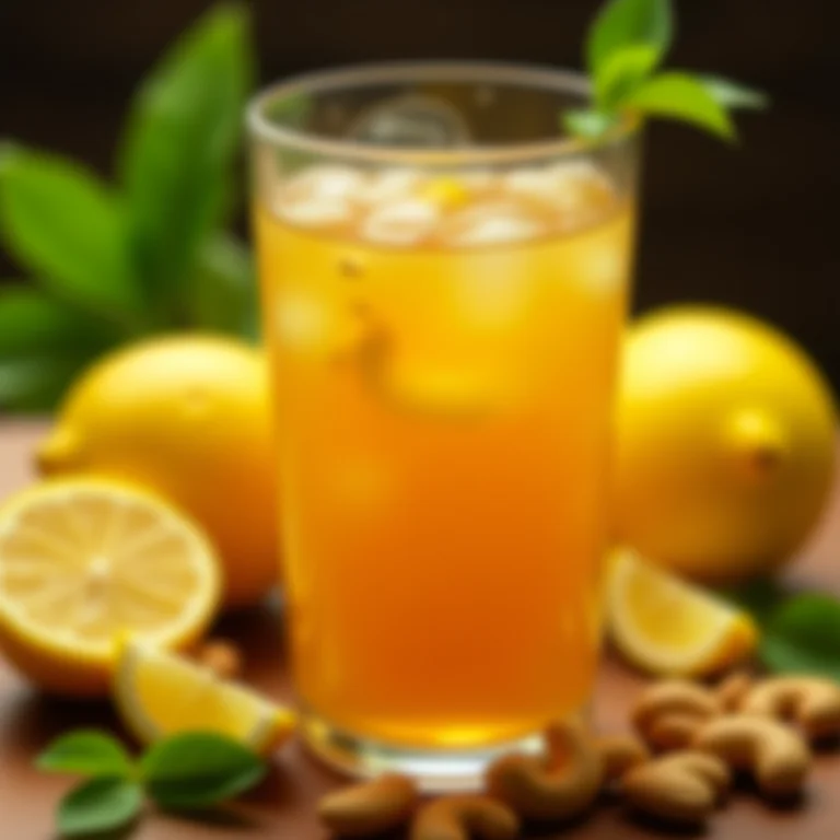 Chá de caju com limão de perto, mostrando os ingredientes frescos.