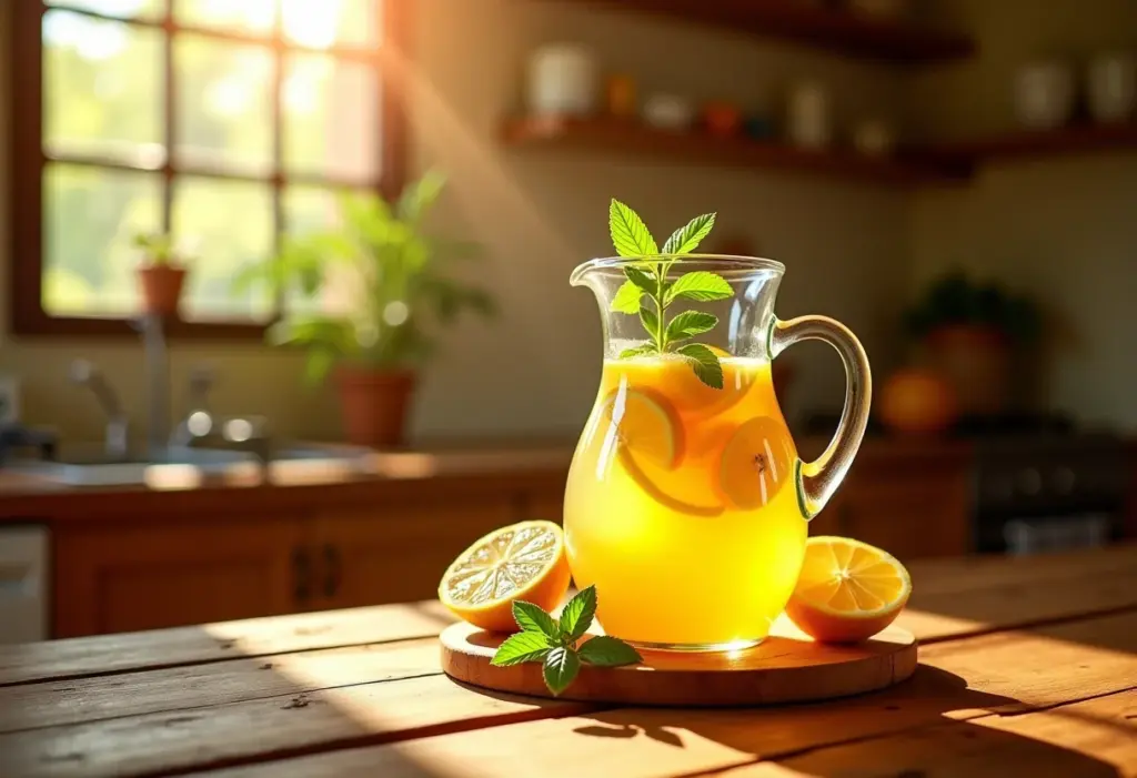Chá de caju com limão refrescante em mesa de madeira rústica.
