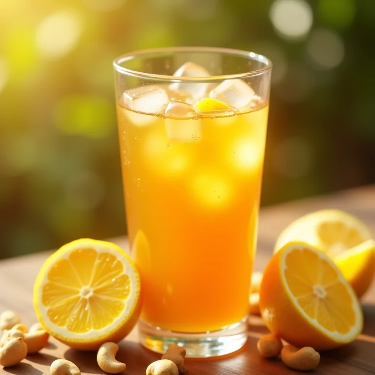Chá de caju e limão gelado com gelo.